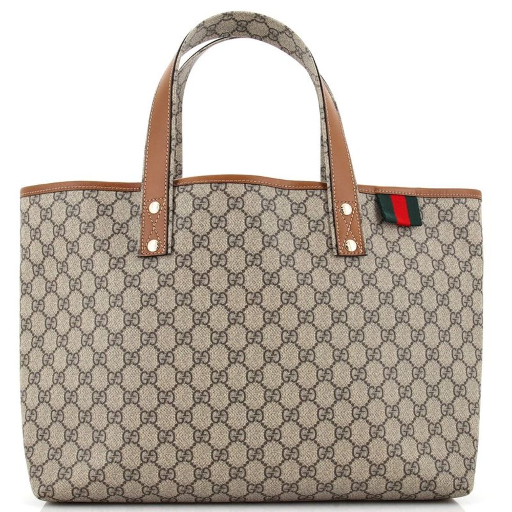 Gucci Beige GG Canvas Tote with Brown Leather Trim and Green-Red Web - Picture 1 of 5